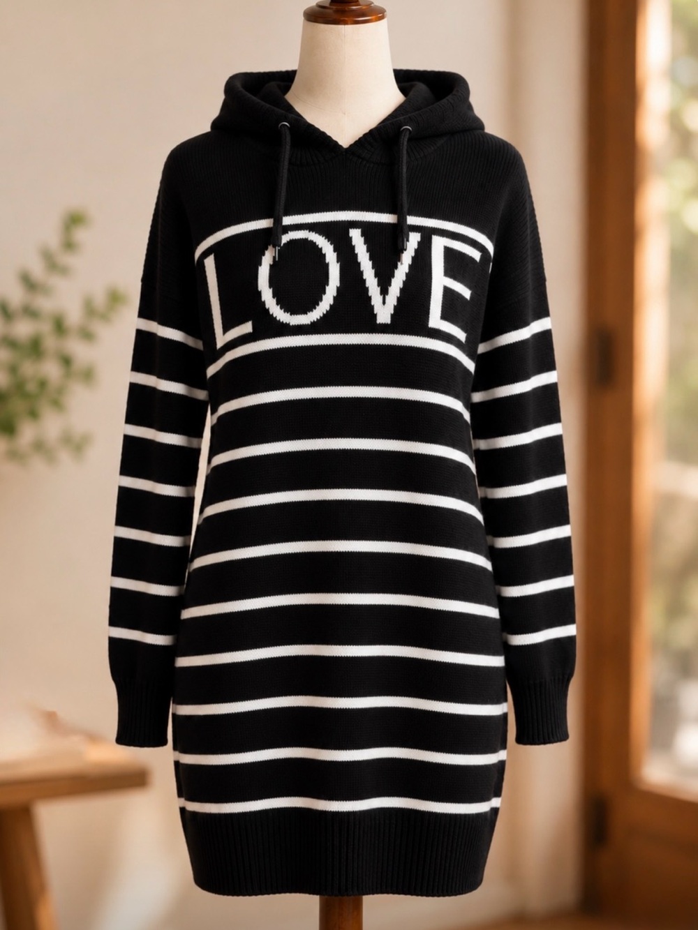 Derek Heart LOVE Sweater Dress Black White Striped Hooded M